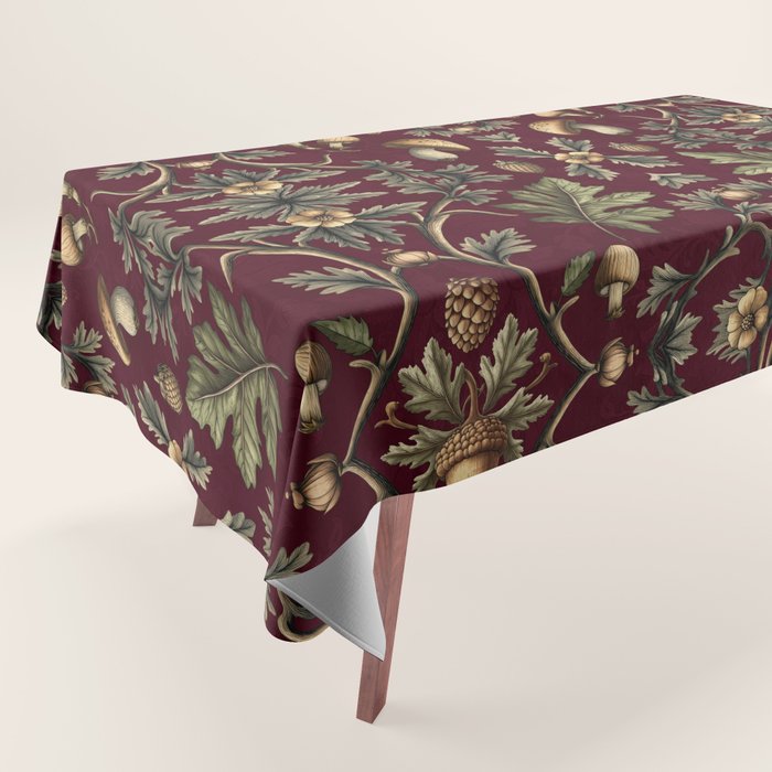 William Morris Style Forest Tales Cabincore Pattern Burgundy Red Tablecloth Gallery Image 1