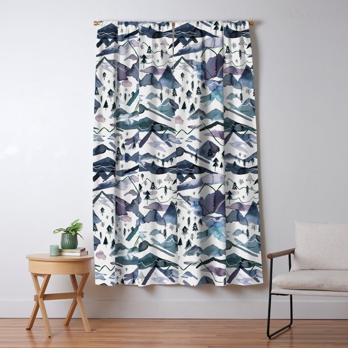 Mountains Watercolor Nature Trees Ski Snow Blue Indigo Window Curtain Gallery Image 1