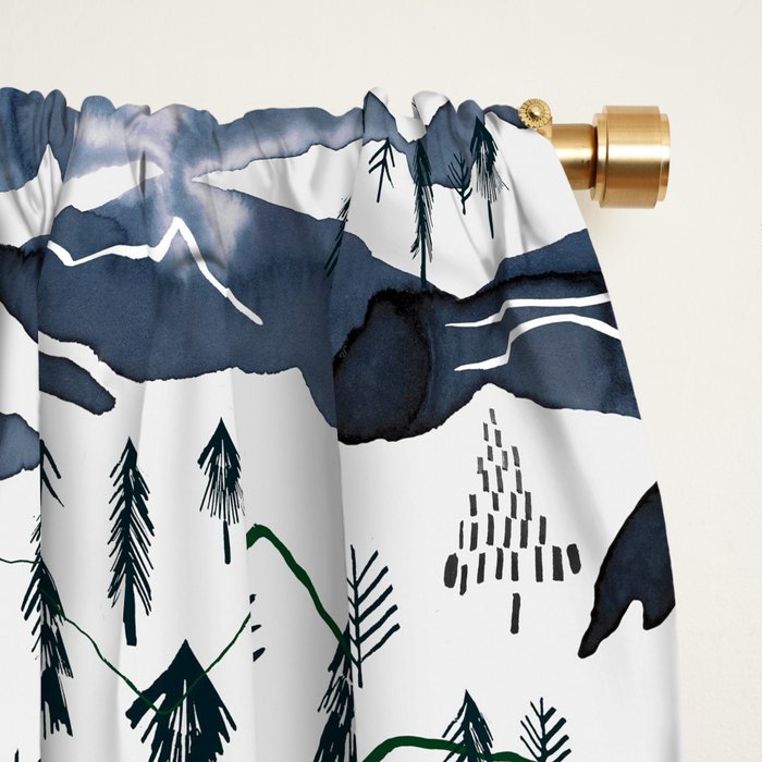 Mountains Watercolor Nature Trees Ski Snow Blue Indigo Window Curtain Gallery Image 2