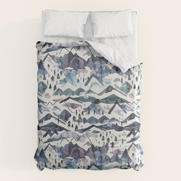 Mountains Watercolor Nature Trees Ski Snow Blue Indigo Duvet Cover Gallery Image 6