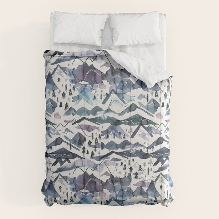 Mountains Watercolor Nature Trees Ski Snow Blue Indigo Comforter Gallery Image 6