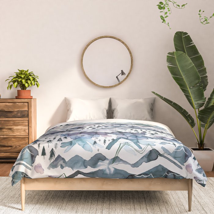 Mountains Watercolor Nature Trees Ski Snow Blue Indigo Comforter Gallery Image 3
