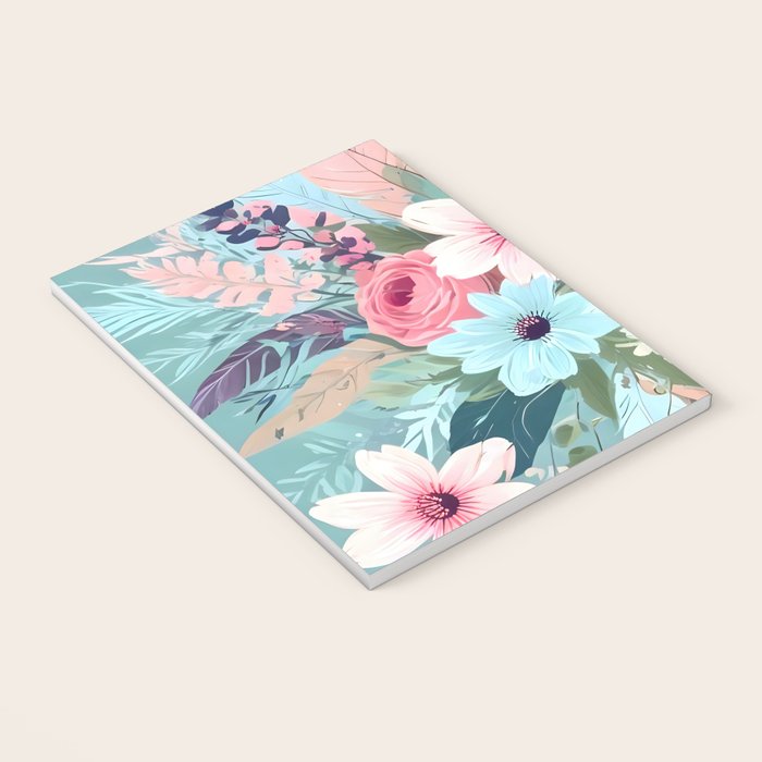 Powder Blue Blossom, Floral Subdued Pastel Teal Botanical Winter, Flowers Bloom Plants Illustration, Vintage Bohemian Chic Garden Painting  Notebook Gallery Image 3