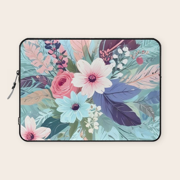 Powder Blue Blossom, Floral Subdued Pastel Teal Botanical Winter, Flowers Bloom Plants Illustration, Vintage Bohemian Chic Garden Painting  Laptop Sleeve Gallery Image 1