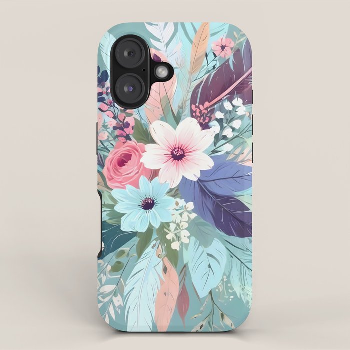 Powder Blue Blossom, Floral Subdued Pastel Teal Botanical Winter, Flowers Bloom Plants Illustration, Vintage Bohemian Chic Garden Painting  iPhone Case Gallery Image 1