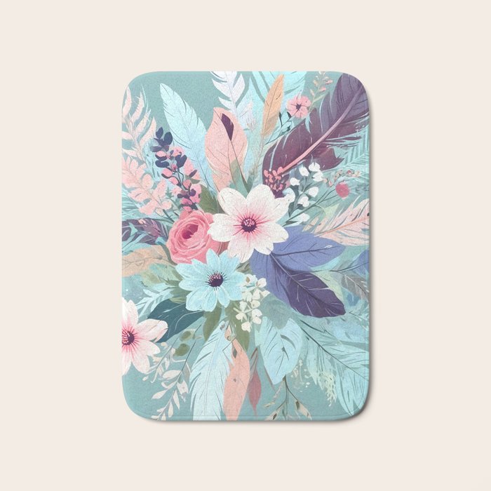 Powder Blue Blossom, Floral Subdued Pastel Teal Botanical Winter, Flowers Bloom Plants Illustration, Vintage Bohemian Chic Garden Painting  Bath Mat Gallery Image 1