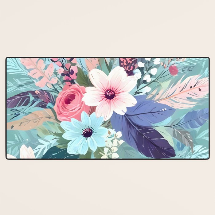 Powder Blue Blossom, Floral Subdued Pastel Teal Botanical Winter, Flowers Bloom Plants Illustration, Vintage Bohemian Chic Garden Painting  Desk Mat Gallery Image 3