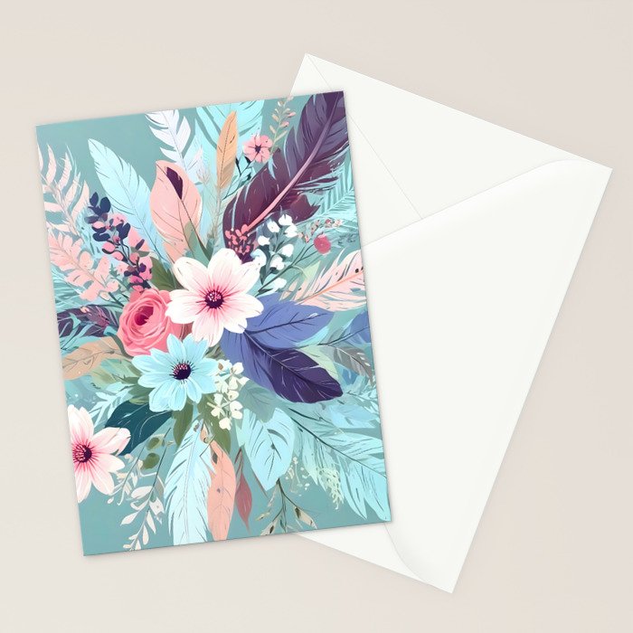 Powder Blue Blossom, Floral Subdued Pastel Teal Botanical Winter, Flowers Bloom Plants Illustration, Vintage Bohemian Chic Garden Painting  Stationery Card Gallery Image 2