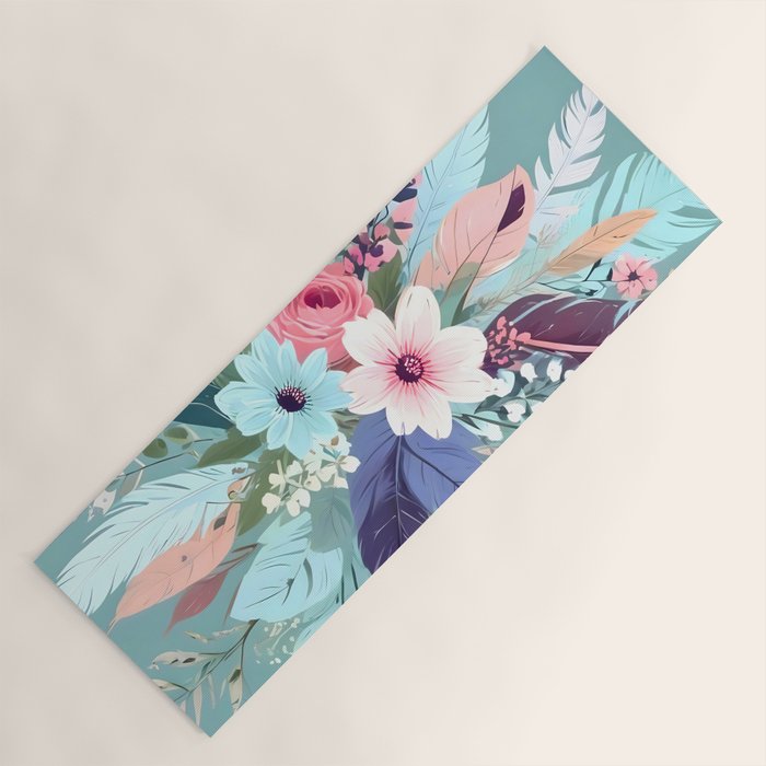 Powder Blue Blossom, Floral Subdued Pastel Teal Botanical Winter, Flowers Bloom Plants Illustration, Vintage Bohemian Chic Garden Painting  Yoga Mat Gallery Image 1