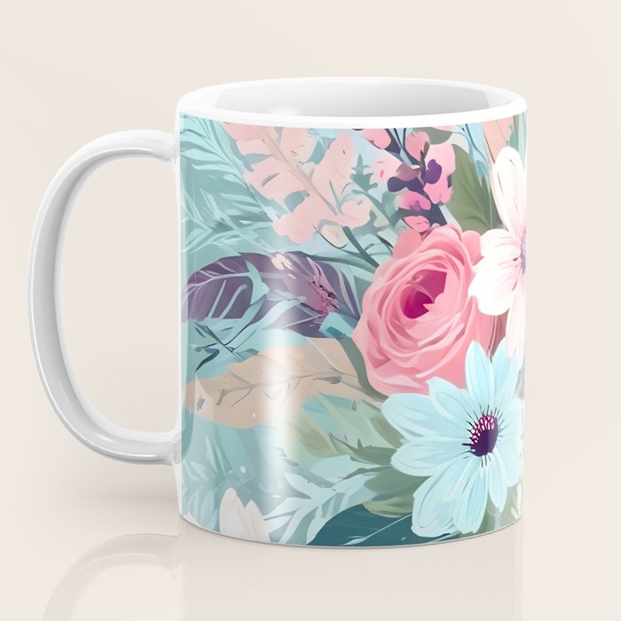 Powder Blue Blossom, Floral Subdued Pastel Teal Botanical Winter, Flowers Bloom Plants Illustration, Vintage Bohemian Chic Garden Painting  Coffee Mug Gallery Image 3