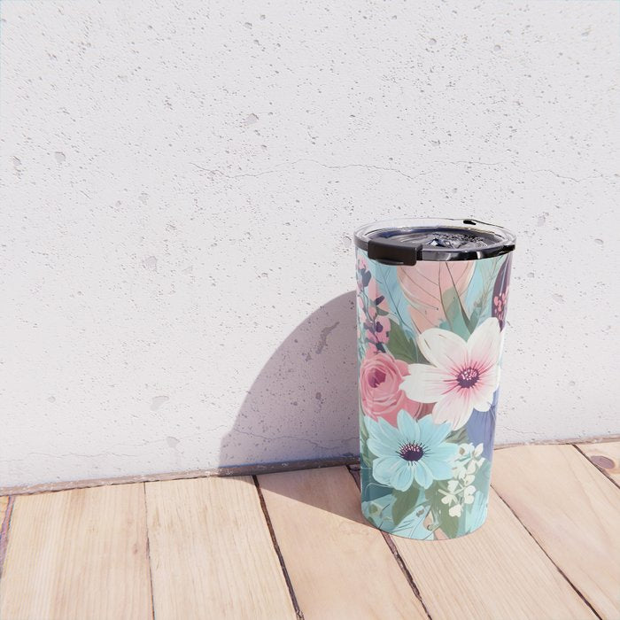Powder Blue Blossom, Floral Subdued Pastel Teal Botanical Winter, Flowers Bloom Plants Illustration, Vintage Bohemian Chic Garden Painting  Travel Mug Gallery Image 4