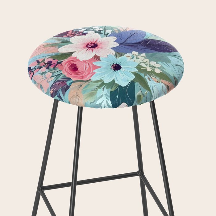 Powder Blue Blossom, Floral Subdued Pastel Teal Botanical Winter, Flowers Bloom Plants Illustration, Vintage Bohemian Chic Garden Painting  Stool Gallery Image 2