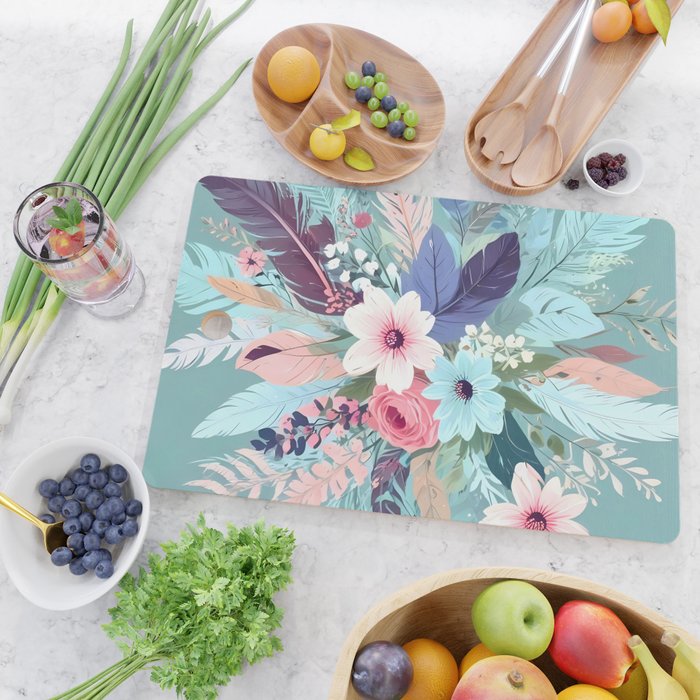 Powder Blue Blossom, Floral Subdued Pastel Teal Botanical Winter, Flowers Bloom Plants Illustration, Vintage Bohemian Chic Garden Painting  Cutting Board Gallery Image 2