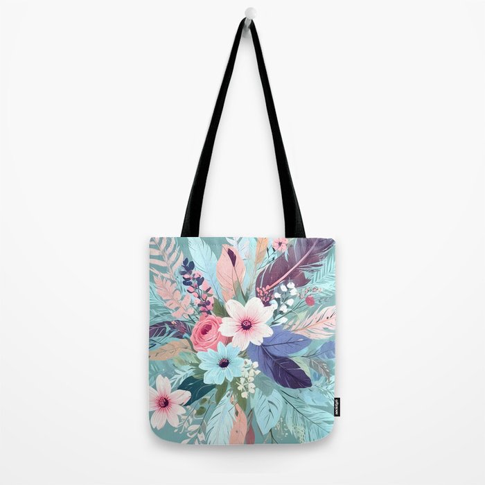 Powder Blue Blossom, Floral Subdued Pastel Teal Botanical Winter, Flowers Bloom Plants Illustration, Vintage Bohemian Chic Garden Painting  Tote Bag Gallery Image 2