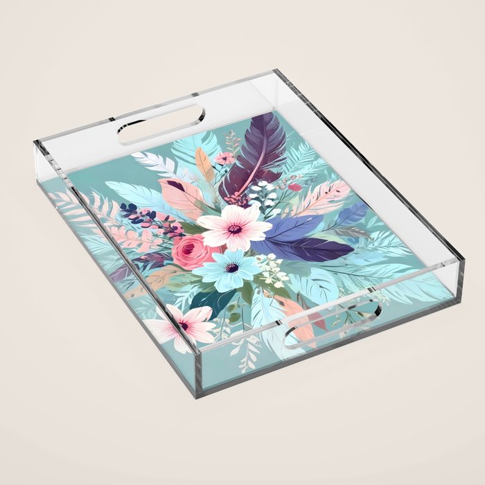Powder Blue Blossom, Floral Subdued Pastel Teal Botanical Winter, Flowers Bloom Plants Illustration, Vintage Bohemian Chic Garden Painting  Acrylic Tray Gallery Image 1