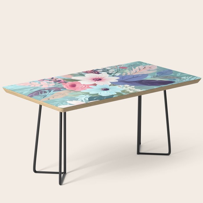 Powder Blue Blossom, Floral Subdued Pastel Teal Botanical Winter, Flowers Bloom Plants Illustration, Vintage Bohemian Chic Garden Painting  Coffee Table Gallery Image 1