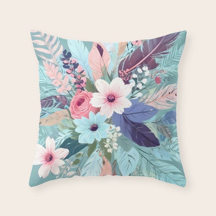 Powder Blue Blossom, Floral Subdued Pastel Teal Botanical Winter, Flowers Bloom Plants Illustration, Vintage Bohemian Chic Garden Painting  Throw Pillow Gallery Image 6