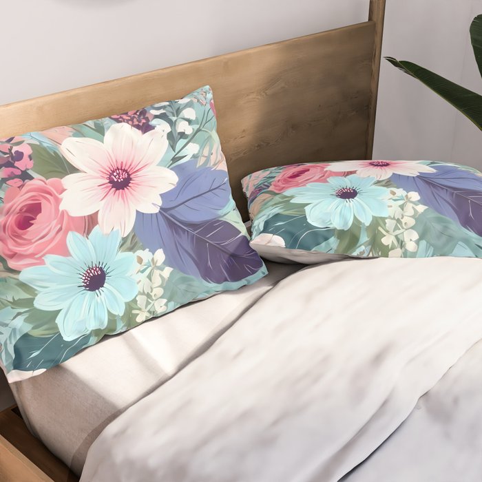 Powder Blue Blossom, Floral Subdued Pastel Teal Botanical Winter, Flowers Bloom Plants Illustration, Vintage Bohemian Chic Garden Painting  Pillow Sham Gallery Image 2
