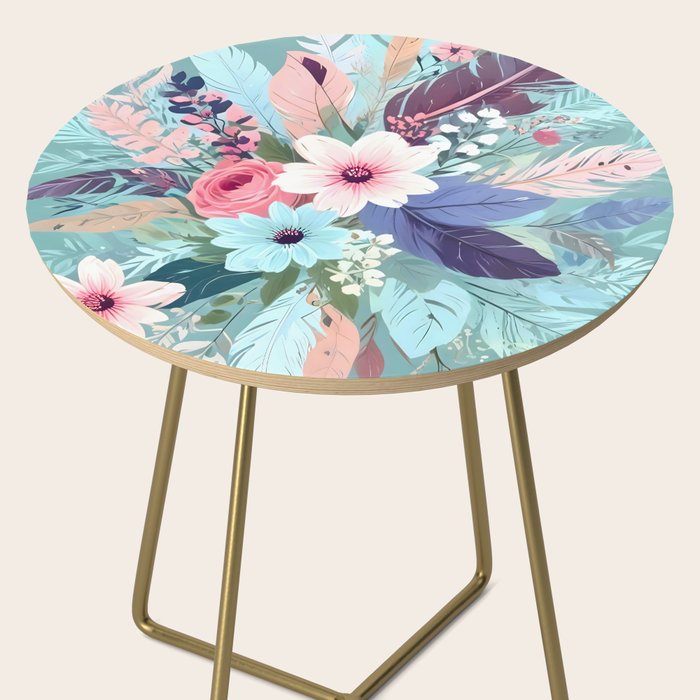 Powder Blue Blossom, Floral Subdued Pastel Teal Botanical Winter, Flowers Bloom Plants Illustration, Vintage Bohemian Chic Garden Painting  Side Table Gallery Image 2