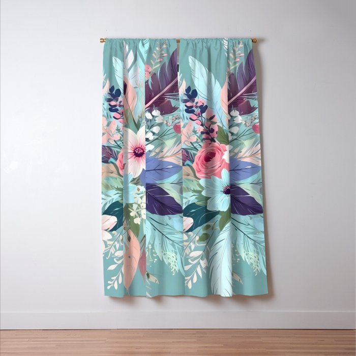 Powder Blue Blossom, Floral Subdued Pastel Teal Botanical Winter, Flowers Bloom Plants Illustration, Vintage Bohemian Chic Garden Painting  Window Curtain Gallery Image 3