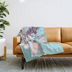 Powder Blue Blossom, Floral Subdued Pastel Teal Botanical Winter, Flowers Bloom Plants Illustration, Vintage Bohemian Chic Garden Painting  Throw Blanket Gallery Image 1
