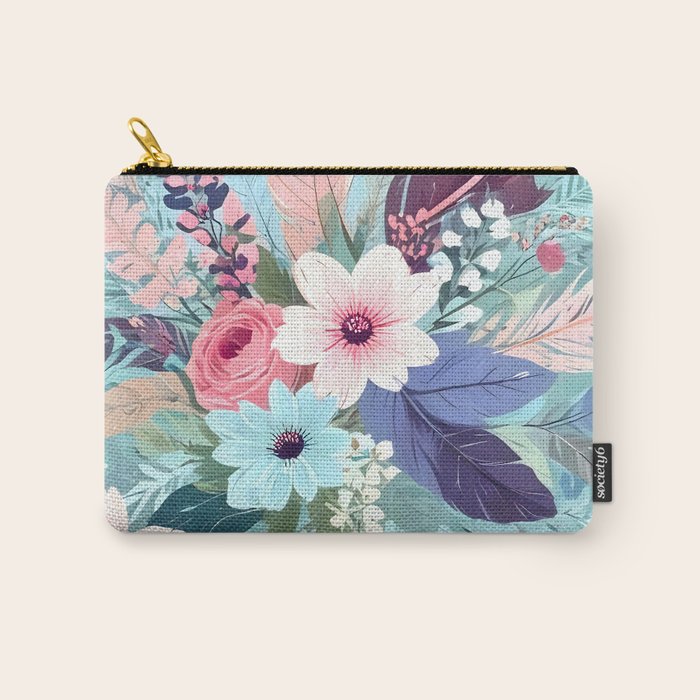 Powder Blue Blossom, Floral Subdued Pastel Teal Botanical Winter, Flowers Bloom Plants Illustration, Vintage Bohemian Chic Garden Painting  Carry All Pouch Gallery Image 1