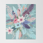 Powder Blue Blossom, Floral Subdued Pastel Teal Botanical Winter, Flowers Bloom Plants Illustration, Vintage Bohemian Chic Garden Painting  Throw Blanket Gallery Image 2