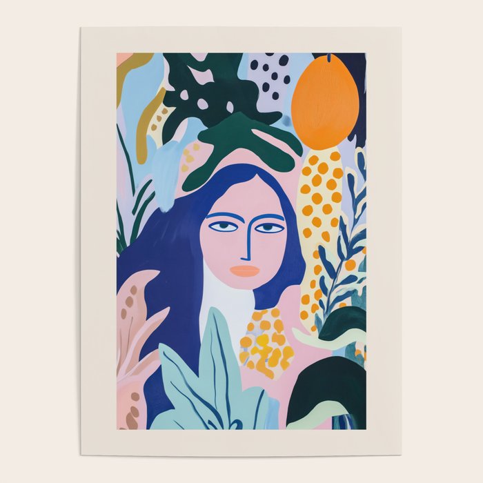 Matisse style Woman Portrait with Plants in Blue Tones Poster Gallery Image 4