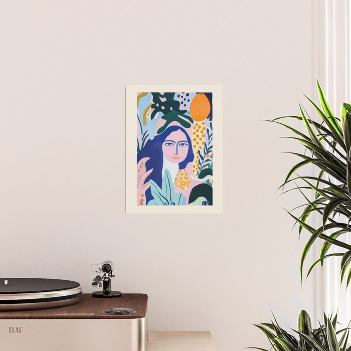 Matisse style Woman Portrait with Plants in Blue Tones Poster Gallery Image 2