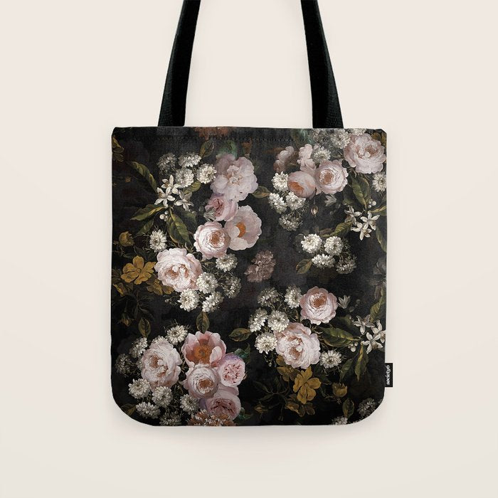 Antique Botanical Roses And  Chamomile Midnight Garden Tote Bag Gallery Image 1