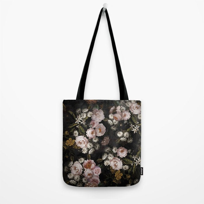 Antique Botanical Roses And  Chamomile Midnight Garden Tote Bag Gallery Image 2