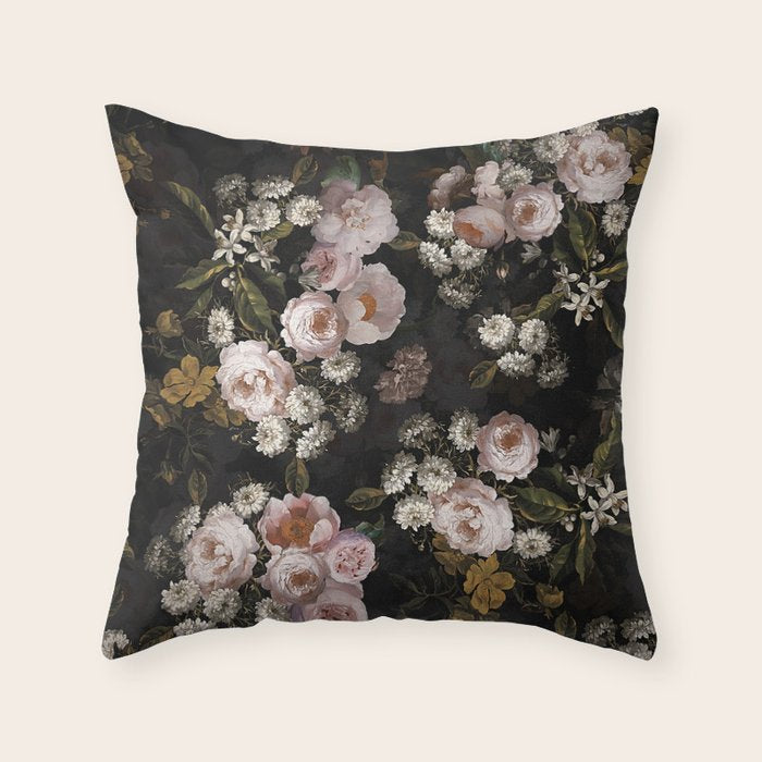 Antique Botanical Roses And  Chamomile Midnight Garden Throw Pillow Gallery Image 6