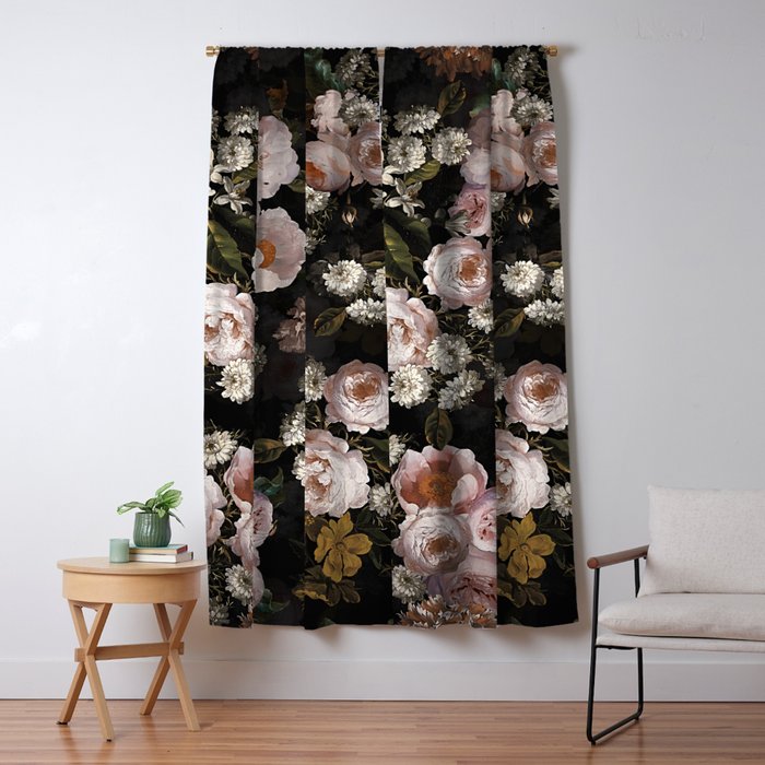 Antique Botanical Roses And  Chamomile Midnight Garden Window Curtain Gallery Image 1