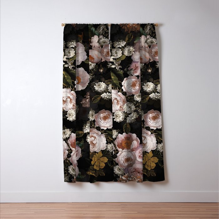 Antique Botanical Roses And  Chamomile Midnight Garden Window Curtain Gallery Image 3