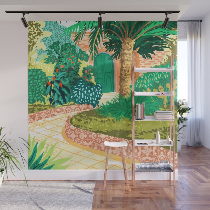 The House With The Green Door, Nature Architecture Painting, Places Stay At Home Tropical Villa Wall Mural Gallery Image 1