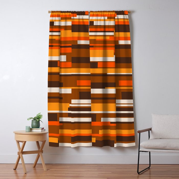 Wright Mid Century Modern Geometric Abstract Pattern in Retro 70s Brown and Orange Window Curtain Gallery Image 1