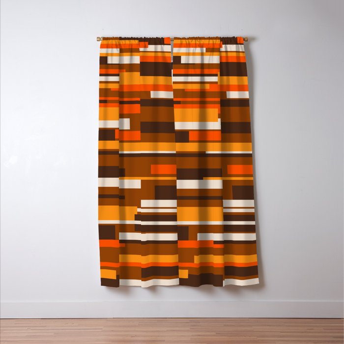 Wright Mid Century Modern Geometric Abstract Pattern in Retro 70s Brown and Orange Window Curtain Gallery Image 3