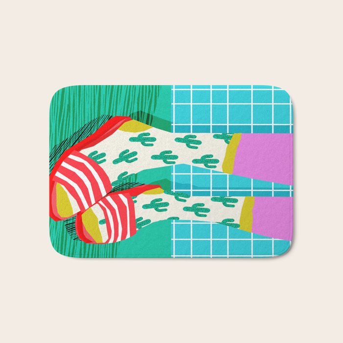 Sliders - memphis throwback retro neon 1980s 80s style pop art shoe fashion grid pattern socks Bath Mat Gallery Image 1