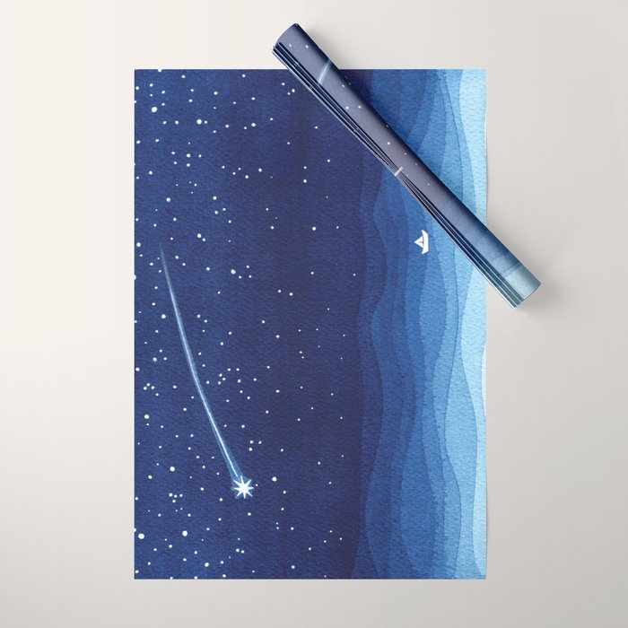 Falling star, shooting star, sailboat ocean waves blue sea Wrapping Paper Gallery Image 1