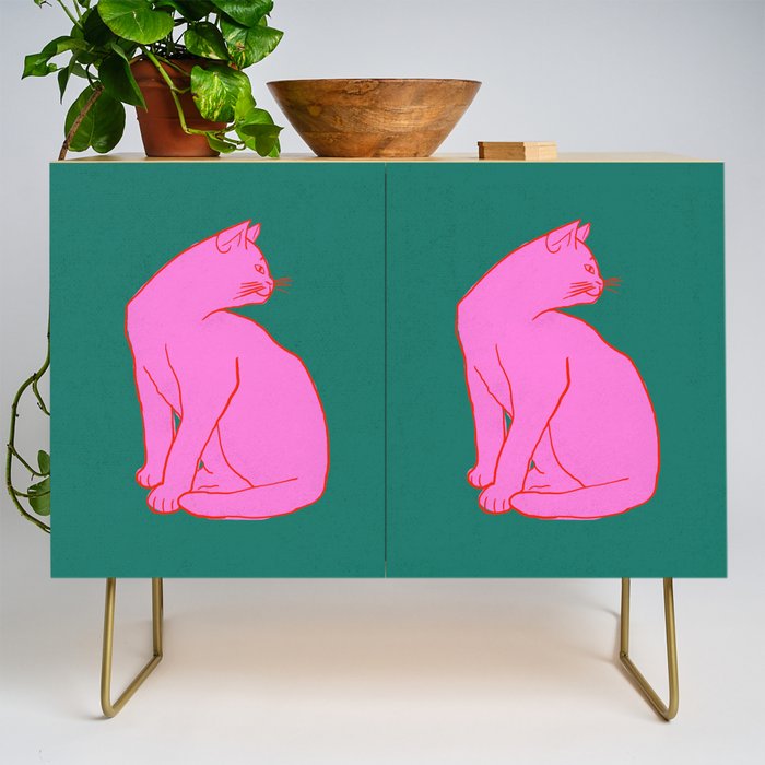 Pink Cat On Green Background Credenza Gallery Image 1