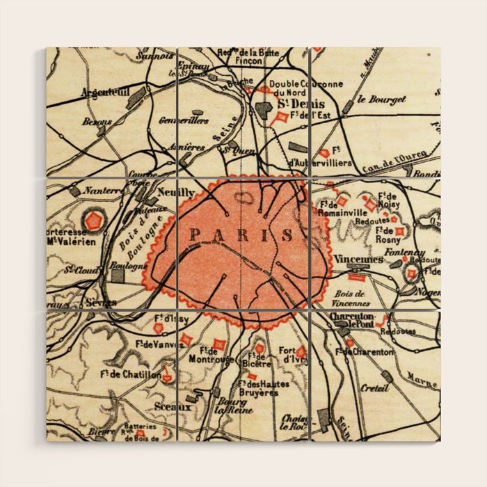 Vintage Paris and Surrounding Area Map (1890) Wood Wall Art Gallery Image 1
