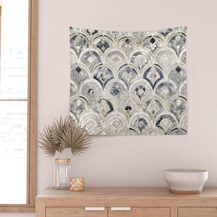 Monochrome Art Deco Marble Tiles Wall Tapestry Gallery Image 2
