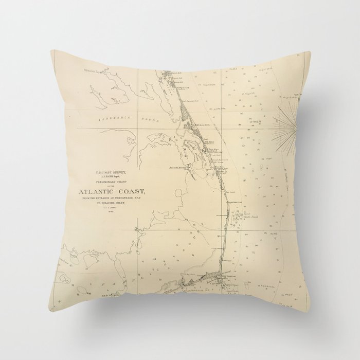 Vintage North Carolina and Virginia Coastal Map Throw Pillow Gallery Image 6