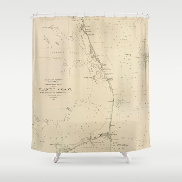 Vintage North Carolina and Virginia Coastal Map Shower Curtain Gallery Image 1
