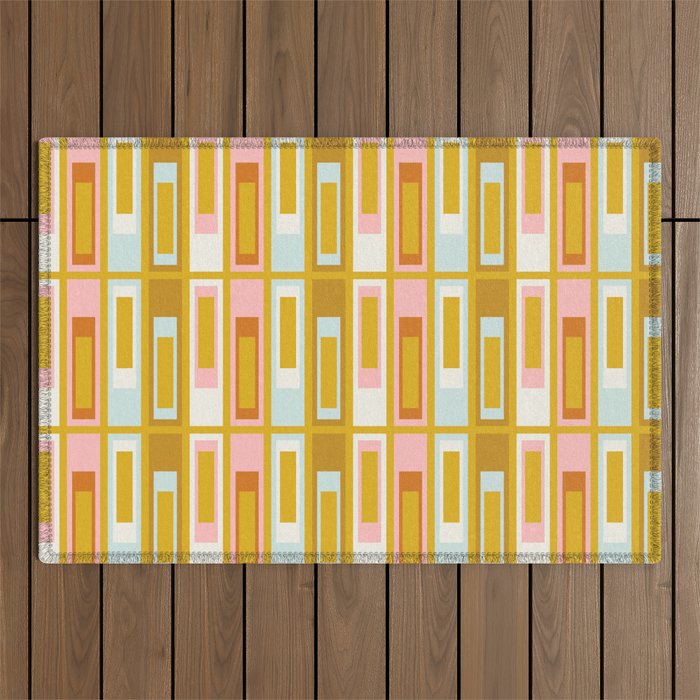 Mid Century Modern Geometric Lexington Ave Pattern in Mustard Pink Ice Blue Outdoor Rug Gallery Image 1