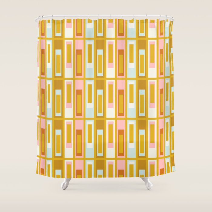Mid Century Modern Geometric Lexington Ave Pattern in Mustard Pink Ice Blue Shower Curtain Gallery Image 1