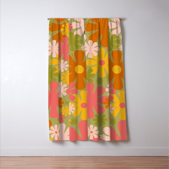 Retro 60s 70s Aesthetic Floral Pattern in Green Pink Yellow Orange Window Curtain Gallery Image 3