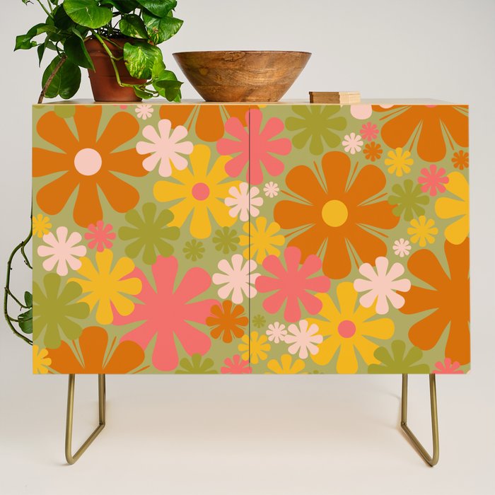 Retro 60s 70s Aesthetic Floral Pattern in Green Pink Yellow Orange Credenza Gallery Image 1