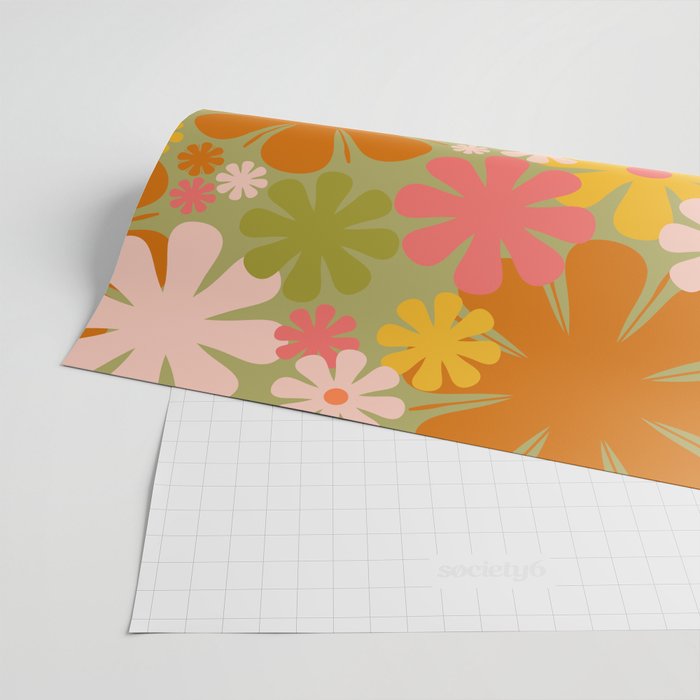 Retro 60s 70s Aesthetic Floral Pattern in Green Pink Yellow Orange Wrapping Paper Gallery Image 2