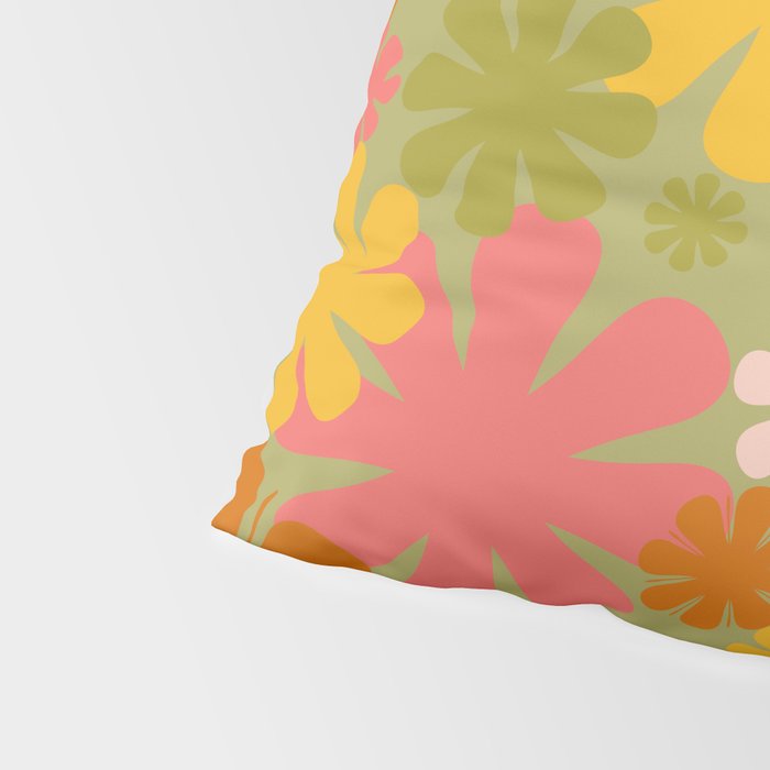 Retro 60s 70s Aesthetic Floral Pattern in Green Pink Yellow Orange Pillow Sham Gallery Image 4